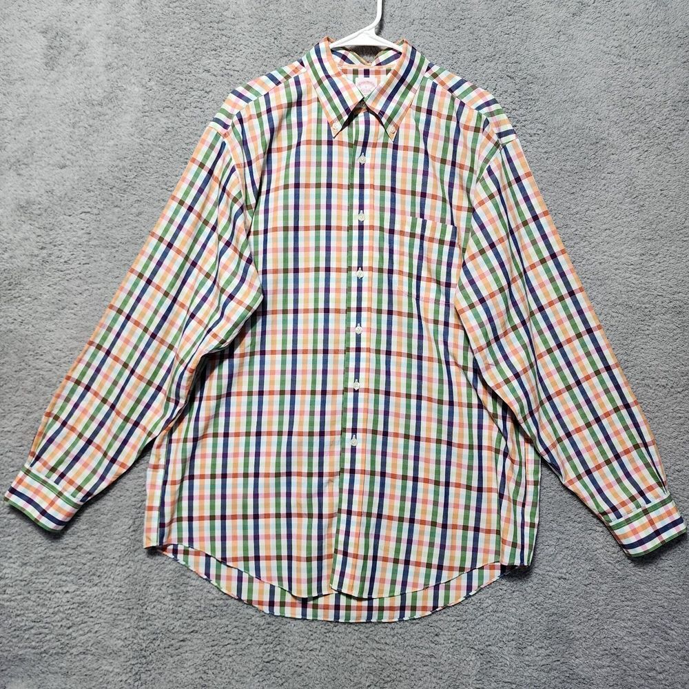 Brooks Brothers Button Down Long Sleeve Blue Orange Green Plaid Size Large